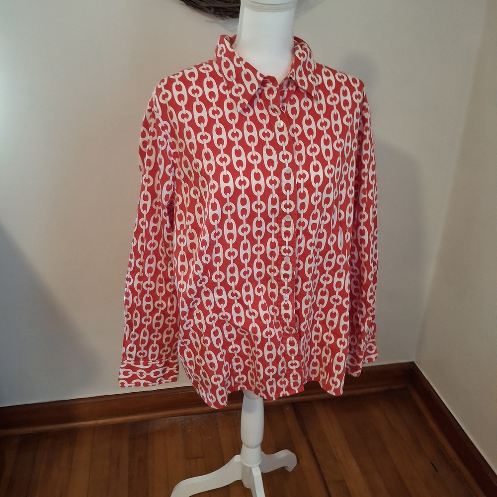 Jones New York Red and White Patterned Women's Button Down Shirt